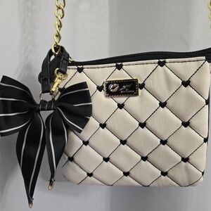 Luv Betsey Johnson Cream And Black Quilted Bag with Detachable Black Bow